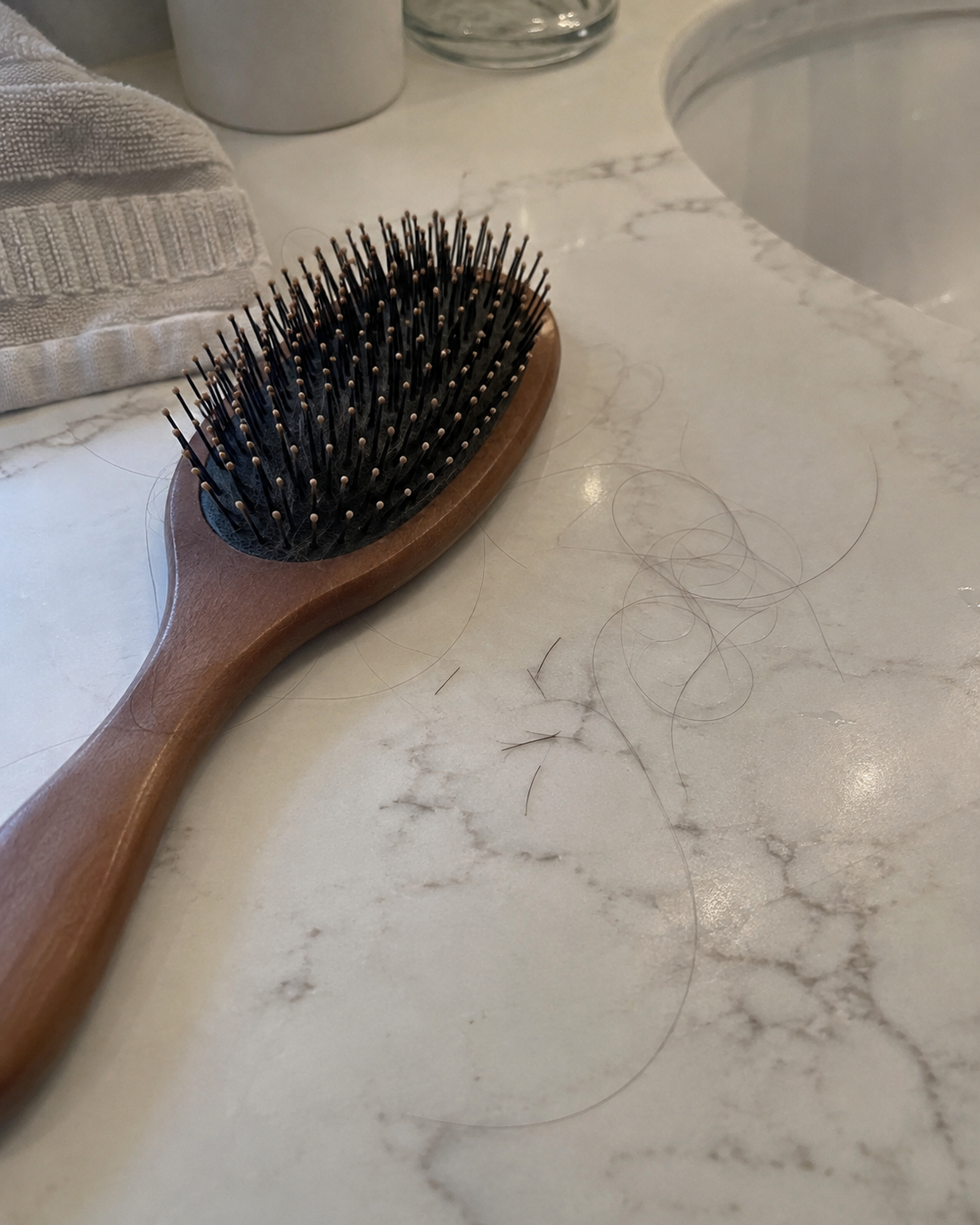 A wooden hairbrush with black bristles resting on a white marble bathroom countertop next to a sink, with some loose hair visible on the surface.