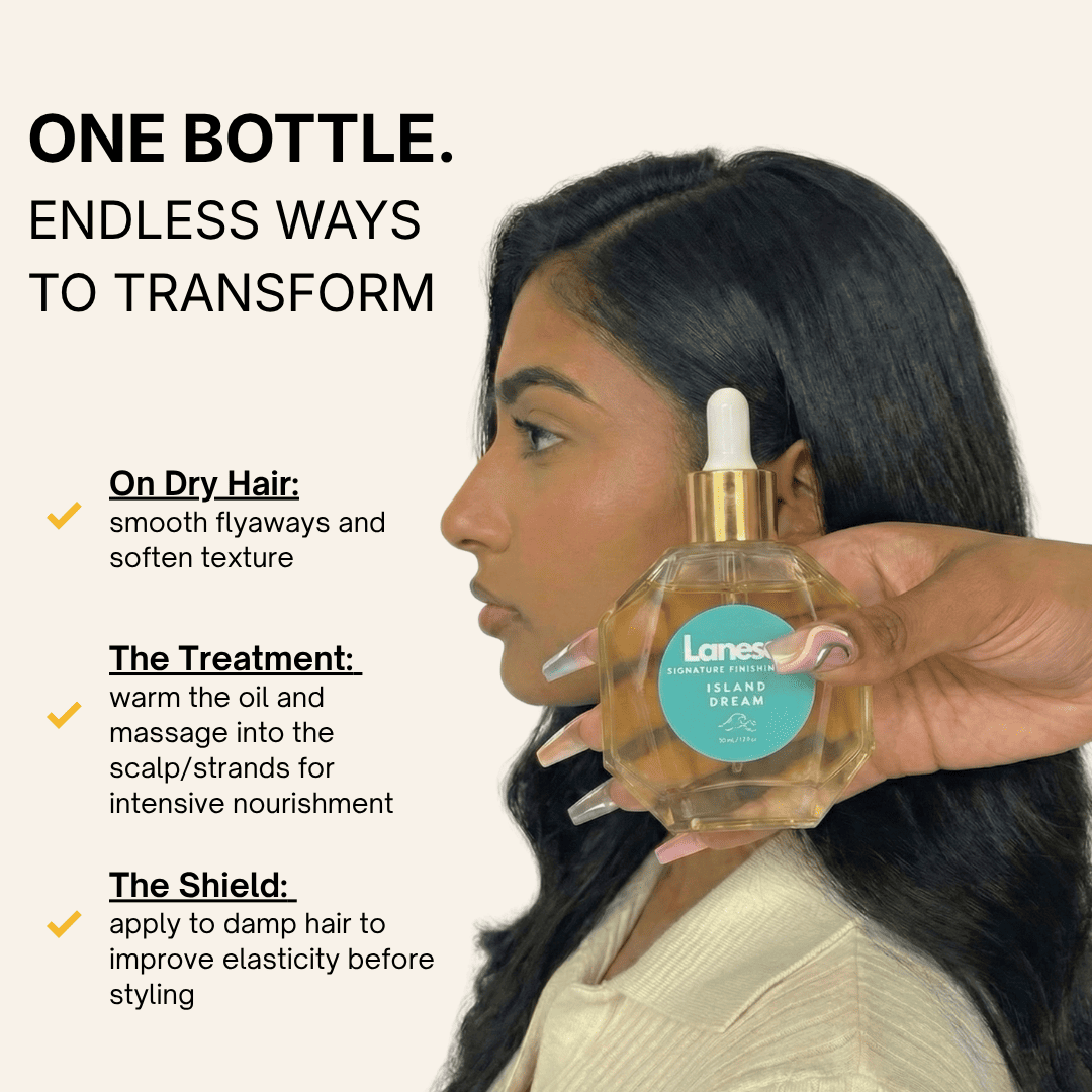 Side profile of a woman with dark hair. A hand with stylized nails holds the Island Dream oil bottle in the foreground. Text on the left lists three uses: "On Dry Hair" to smooth texture, "The Treatment" for intensive scalp and strand nourishment, and "The Shield" on damp hair to improve elasticity.