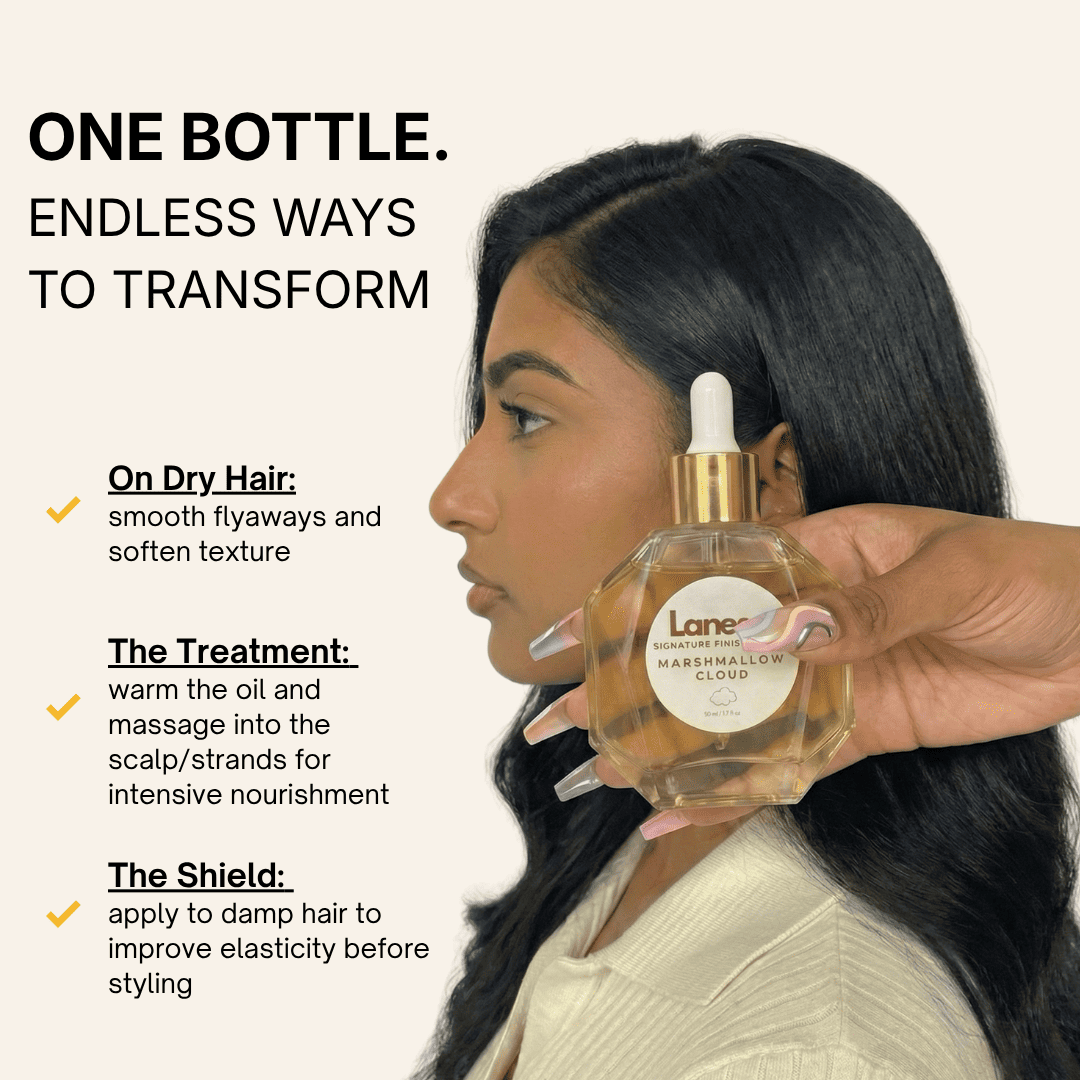 Profile of a woman with dark hair. A hand with swirled nail art holds the Lanese Marshmallow Cloud bottle. Text lists three ways to use: "On Dry Hair" to smooth flyaways, "The Treatment" for intensive nourishment, and "The Shield" on damp hair before styling.