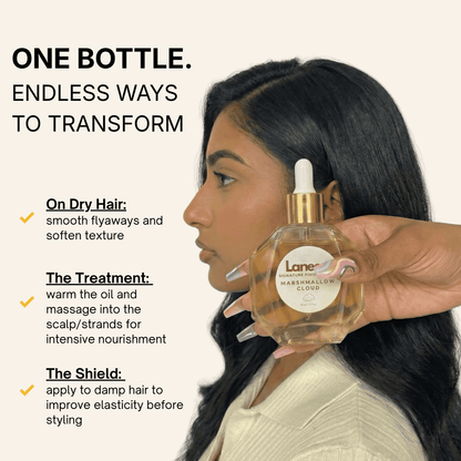 Profile of a woman with dark hair. A hand with swirled nail art holds the Lanese Marshmallow Cloud bottle. Text lists three ways to use: "On Dry Hair" to smooth flyaways, "The Treatment" for intensive nourishment, and "The Shield" on damp hair before styling.