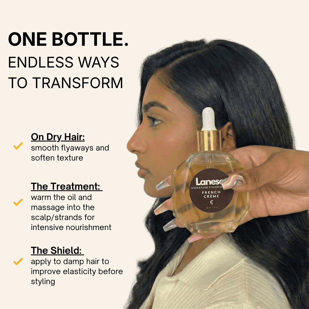 A side profile of a woman with long, dark hair. A hand holds the Lanese oil bottle in front of her. Text explains three ways to use the oil: "On Dry Hair" to smooth flyaways, "The Treatment" for intensive nourishment, and "The Shield" on damp hair to improve elasticity before styling.