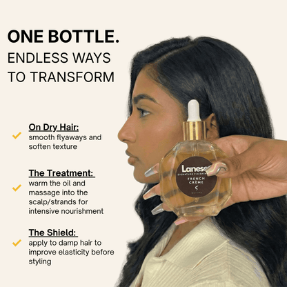 A side profile of a woman with long, dark hair. A hand holds the Lanese oil bottle in front of her. Text explains three ways to use the oil: "On Dry Hair" to smooth flyaways, "The Treatment" for intensive nourishment, and "The Shield" on damp hair to improve elasticity before styling.