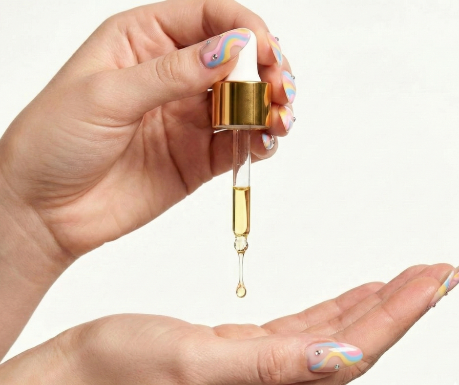 Hand holding a dropper with a gold cap and clear liquid, against a white background