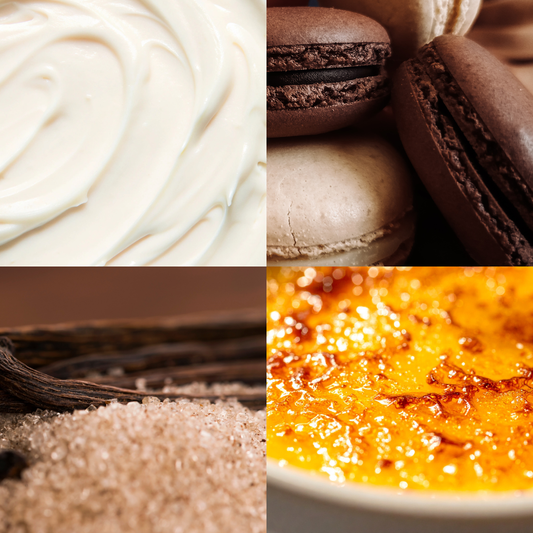 Collage of four images: white cream, chocolate macarons, vanilla bean with sugar, and creme brèleé.