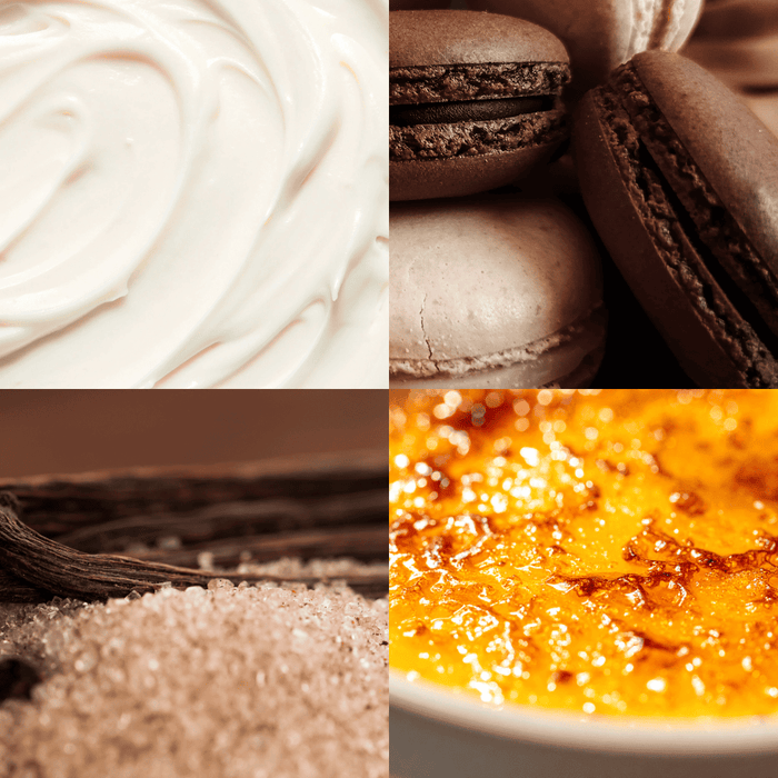 A sensory four-image collage representing the French Crème scent profile. Clockwise from top left: swirls of thick white cream, chocolate macarons, a golden crème brûlée with a caramelized sugar crust, and vanilla beans next to a pile of brown sugar.