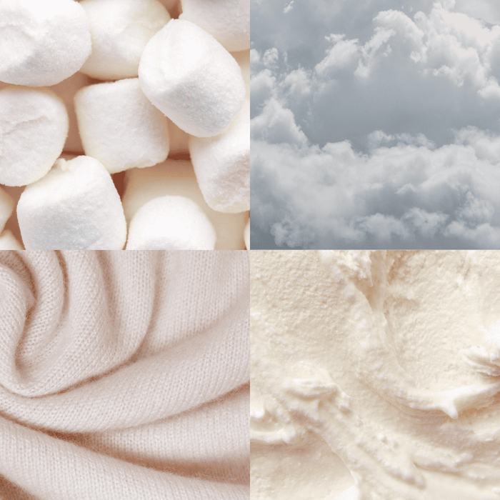 A sensory four-image collage representing the Marshmallow Cloud scent profile. It includes a close-up of white marshmallows, a cloudy grey sky, a soft beige knit fabric, and a swirl of thick white whipped cream.