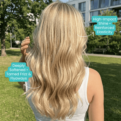 Rear view of a woman with long, wavy blonde hair standing outdoors in a park. Teal text bubbles point to her hair, highlighting benefits: "High-Impact Shine," "Reinforced Elasticity," and "Deeply Softened, Tamed Frizz & Flyaways."