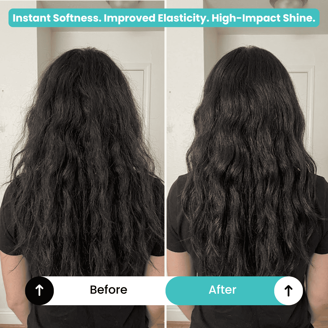 A before-and-after comparison of a person's dark wavy hair. The "Before" side shows frizzy, dull hair, while the "After" side shows significantly smoother, shinier, and more defined waves. A teal banner at the top reads: "Instant Softness. Improved Elasticity. High-Impact Shine."